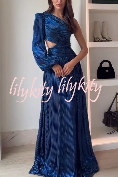 Dazzling Night Metallic Pleated One Shoulder Cutout Balloon Sleeve Gown Maxi Dress
