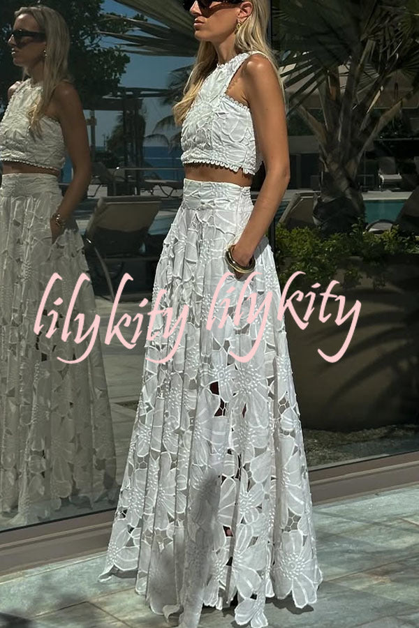 Next Trip Floral Embroidery Crochet Lace Crop Tank Top and Elastic Waist Pocket Maxi Skirt Set