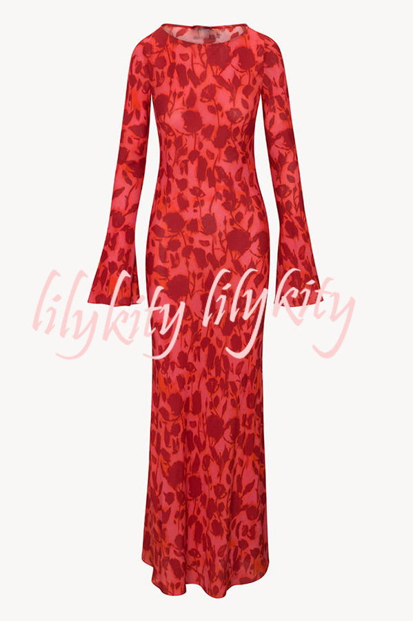 Gia Unique Print Boat Neck Long Bell Sleeve Bias Cut Maxi Dress