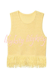 Solid Color Round Neck Sleeveless Hollow Tassel Loose Vest