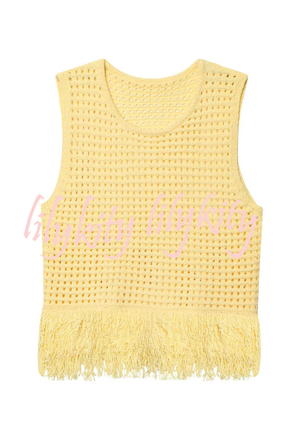 Solid Color Round Neck Sleeveless Hollow Tassel Loose Vest