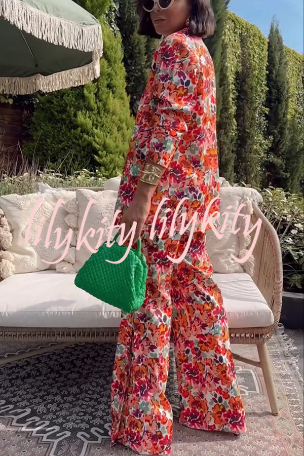 Full of Energy Flower Print Lapel Blazer and Elastic Waist Pocket Pleated Side Hem Pants Set