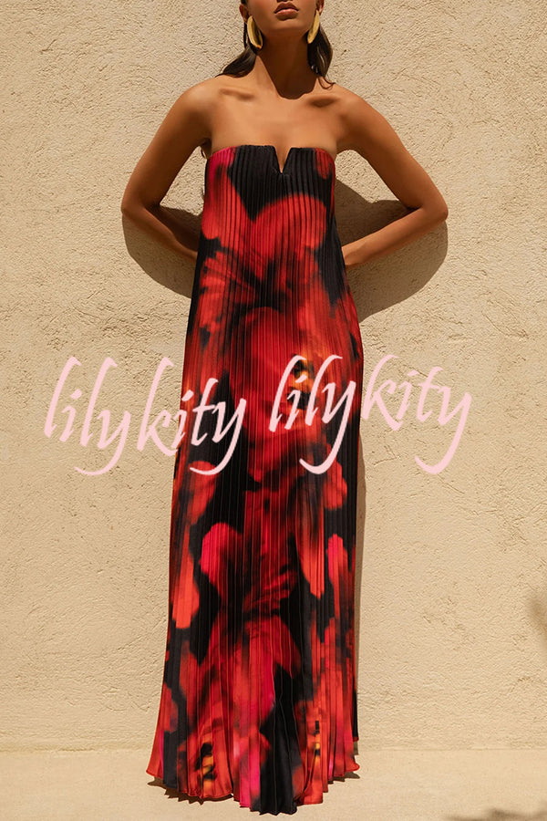For Every Occasion Satin Pleated Floral Print V-wire Bandeau Neck Maxi Dress