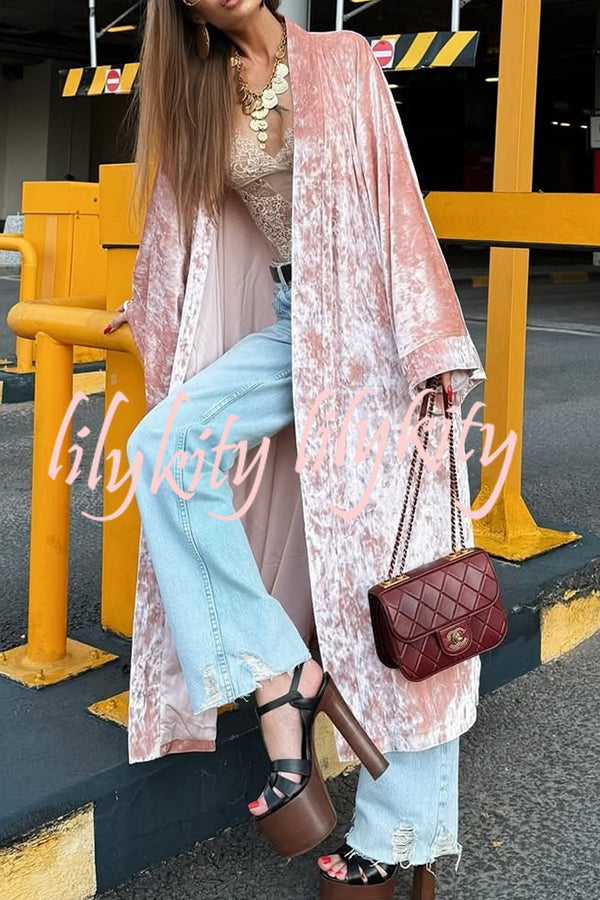 Gorgeous Glossy Velvet Long Bell Sleeve Tie-up Pocket Midi Kimono Coat