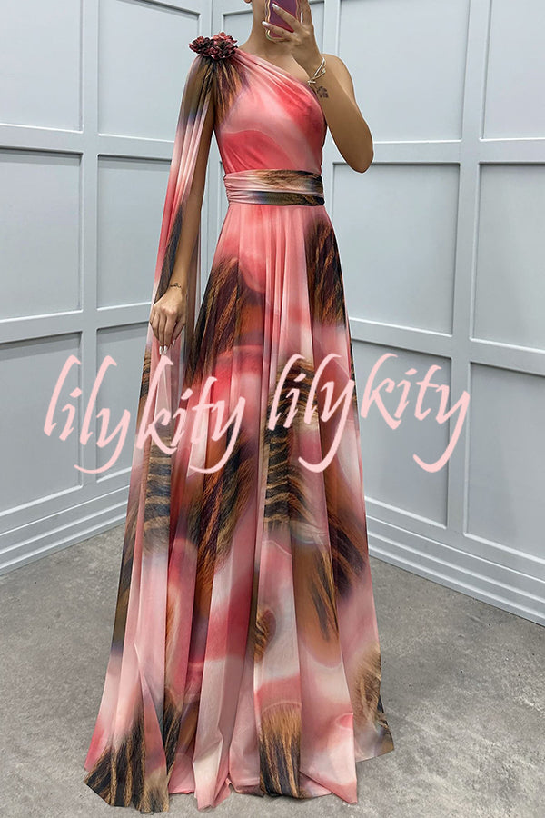 Lucia Unique Print Floral Detail One Shoulder Draped Sleeve Gown Maxi Dress