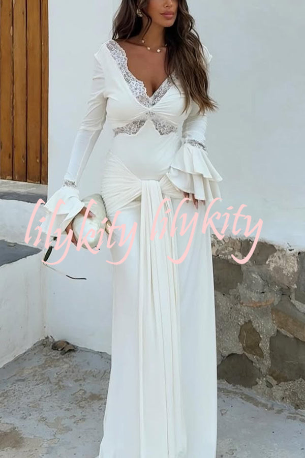 Fashion Lace Splicing Sexy V-neck Long-sleeved Slim Maxi Dress