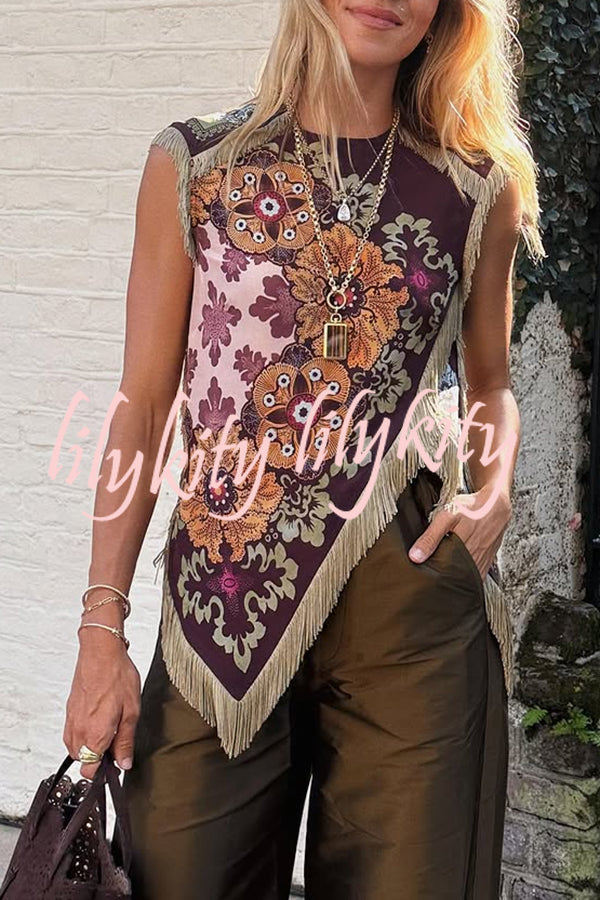 Stunning Floral Print Asymmetric Tassel Trim Scarf Top