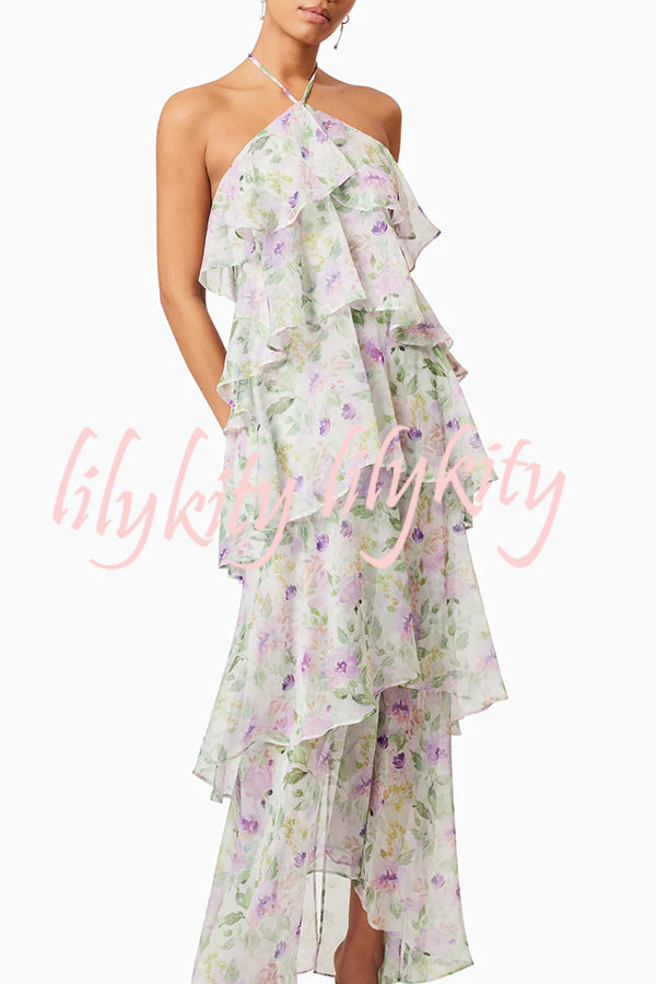 Cocktail Party Sheer Floral Georgette Halter Flowy Tiered Maxi Dress