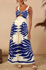 Unique Printed Open Back Pleated Casual Wide-leg Jumpsuit