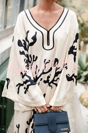 Exotic Locales Satin Unique Print Cutout Neck Wide Sleeve Kaftan Midi Dress