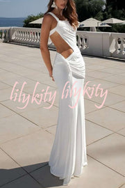 Sexy One-shoulder Backless Ribbon Pleated Slim Maxi Dress
