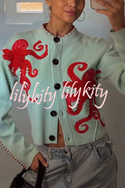 Coastal Fashion Knit Octopus Graphic Contrast Piping Button Up Loose Cardigan