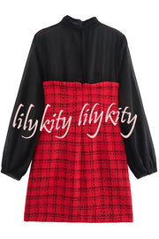 Festive Elegance Tulle Plaid Tweed Patchwork Balloon Sleeve Mini Dress