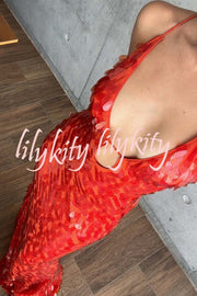 Reshape Beauty Fish Scale Sequin Cutout U-neck Slip Maxi Dress
