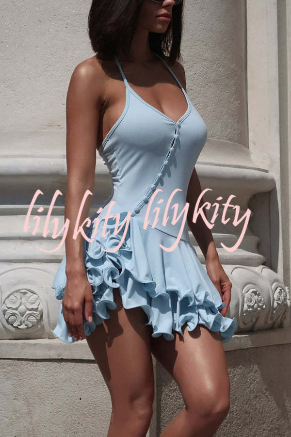 Solid Color Sexy Halter Tie Single Breasted Slim Mini Dress