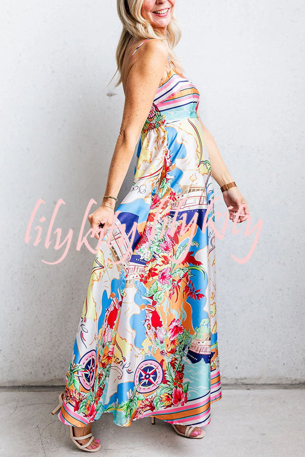 Satin Resort Print Sling Back Pleated Maxi Dress