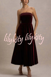 Center of Attention Velvet Satin Neck Bandeau Pleated Midi Dress