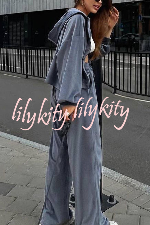 Velvet Casual Zip-up Hooded Top and Elastic Waist Wide Leg Pants Set