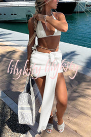 Solid Color Sexy Lace-Up Stretch Two-Piece Bikini Swimsuit and Flower Decorated Beach Mini Skirt Set