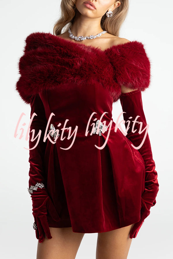 Stylish Velvet Off-shoulder Fitted Mini Dress and Fluffy Shawl, Velvet Gloves Three-piece Set