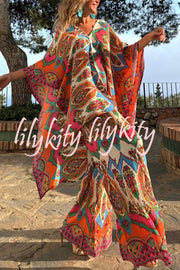 Colorful Day Unique Print Loose Cape and Elastic Waist Pocketed Pants Set