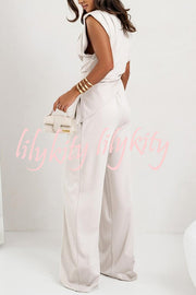 Jordy Ruched Shoulder Slit Top and Elastic Waist Pocketed Wide Leg Pants Set