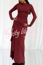 Venus Long Sleeve Ruched Side Slit Drape Ruffles Back Lace-up Stretch Maxi Dress