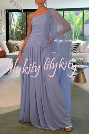 End of Light Chiffon One Shoulder Single-sleeve Shawl Ruched Maxi Dress