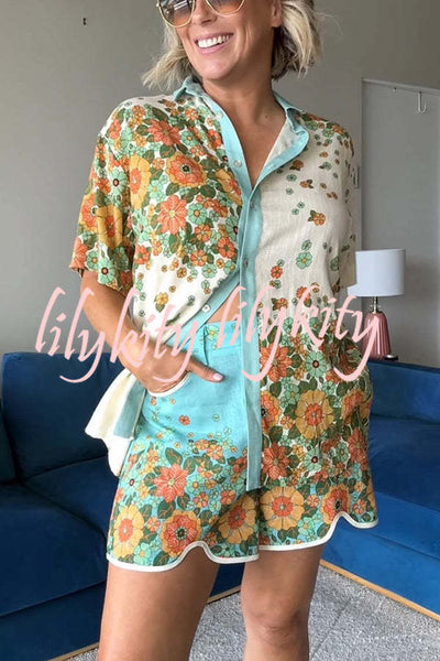 Retro Linen Blend Floral Print Shirt and High Rise Pocketed Slit Shorts Set