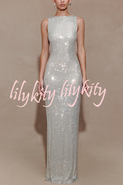 Holiday Nights Sequin Boat Neck Sleeveless Slit Maxi Dress