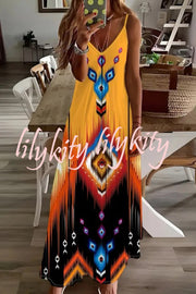 Unique Printed Suspender V-neck Loose Maxi Dress