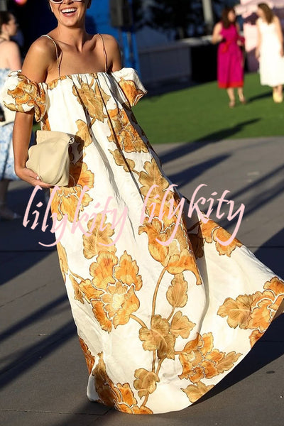 Floral Print Suspenders Puff Sleeves Loose Pocket Holiday Maxi Dress