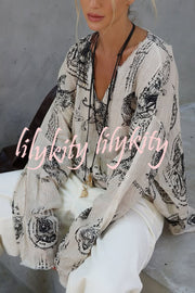 Natural Vibe Linen Blend Unique Print Long Sleeve Loose Shirt