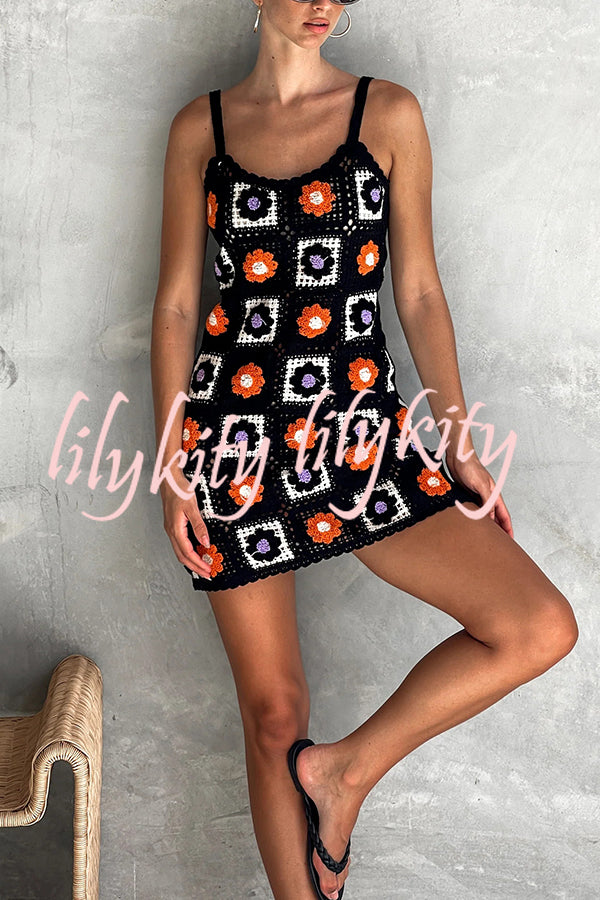 Embroidered Floral Strappy Knitted Mini Dress