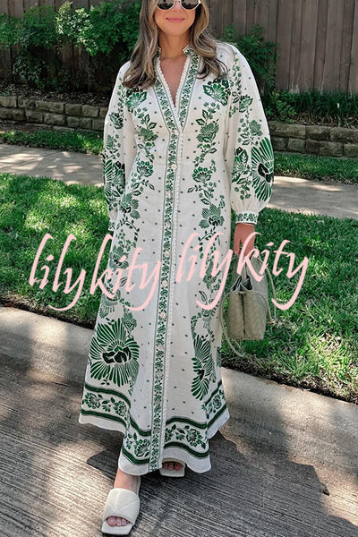 Forest Soul Unique Print Button Down Long Sleeve Shirt Maxi Dress