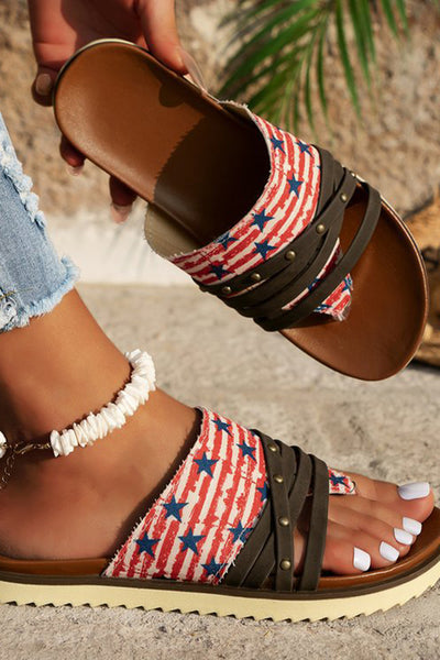 Independence Day Printed Vintage Lace Up Studded Beach Slippers