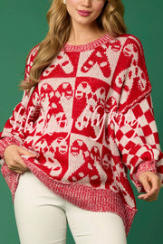 Christmas Candy Plaid Round Neck Long Sleeve Loose Knit Sweater