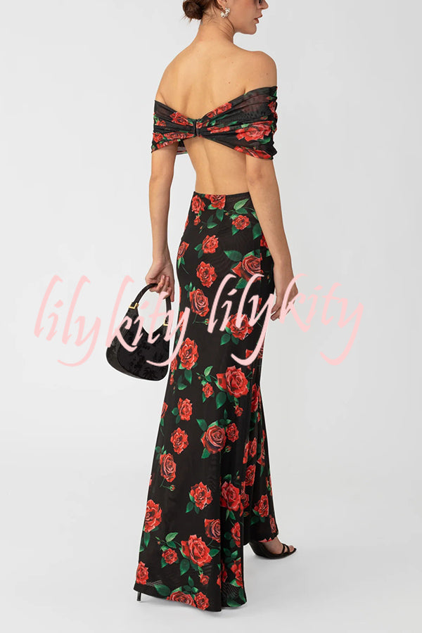 Rose Print Sexy Strapless Backless Slim Maxi Dress