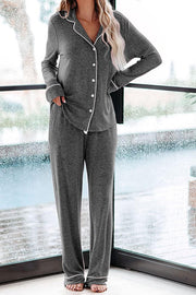 Home-style Loose-fitting Long-sleeved Pocket Shirt and Elastic Waist Casual Pants Set