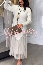 Jensine Ribbed Knit Irregular Loose Sweater and Pleated Tulle Tank Midi Dress Two-piece Set