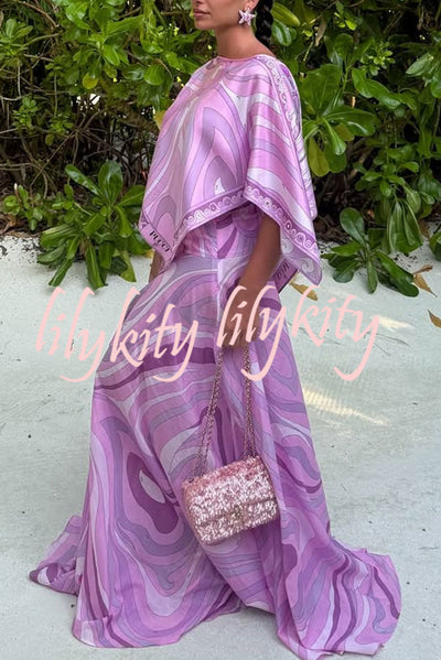 Anzio Satin Unique Print Cape Top and High Rise Elastic Waist A-line Maxi Skirt Set