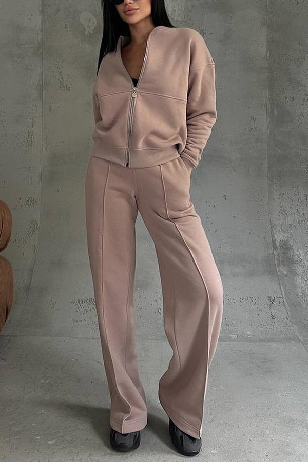 Solid Color Casual Long Sleeve Zipper Jacket and Elastic Waist Pocket Wide Leg Pants Set