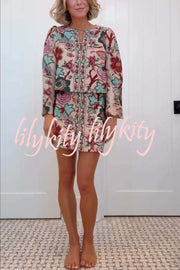 Autumn Garden Printed V-neck Long Bell Sleeve Top and Mid Rise Skirt Set