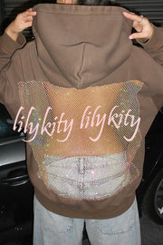 Fashionable Shiny Mesh Hollow Back Loose Long-sleeved Hooded Sweatshirt