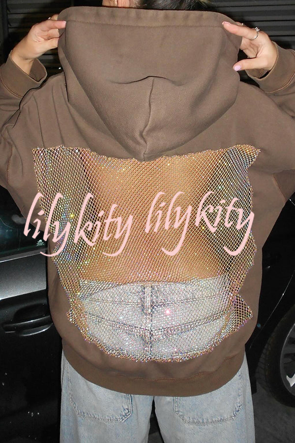 Fashionable Shiny Mesh Hollow Back Loose Long-sleeved Hooded Sweatshirt