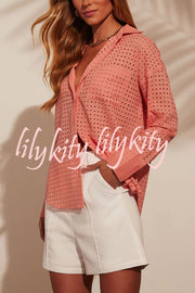 Fashionable Hollow Loose Button Pocket Shirt Top