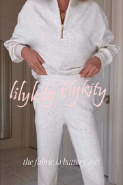 Ivory Marl Fleck Half-Zip Neck Long Sleeve Sweatshirt and Elastic Waist Pocket Jogger Set