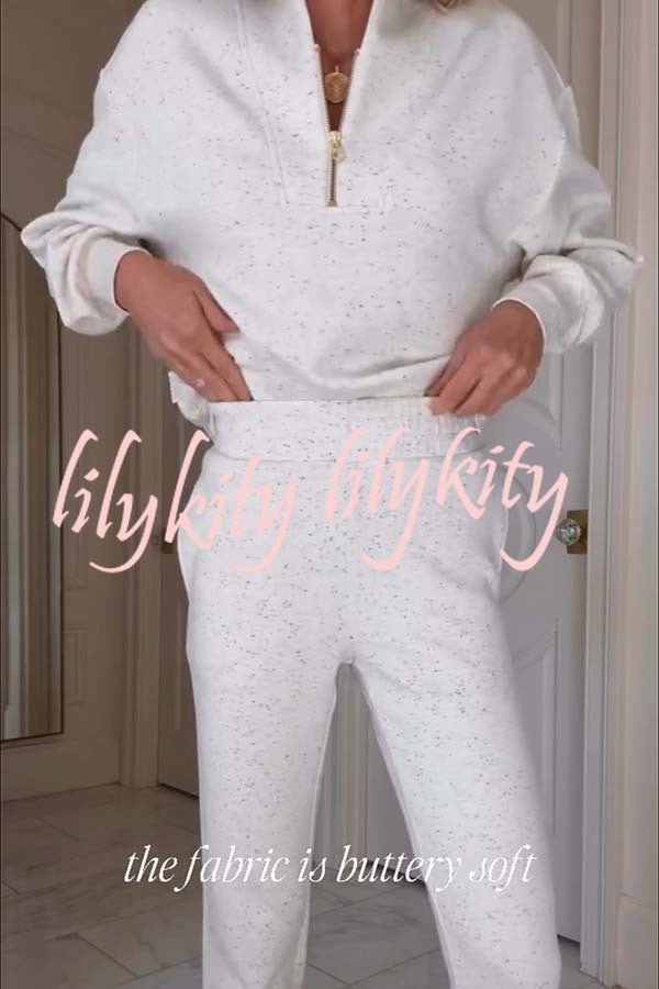 Ivory Marl Fleck Half-Zip Neck Long Sleeve Sweatshirt and Elastic Waist Pocket Jogger Set