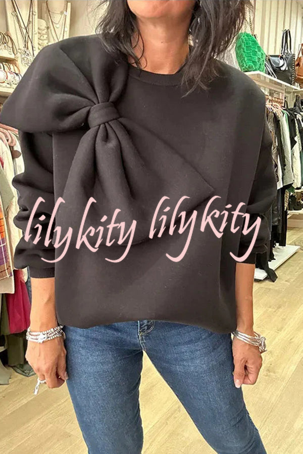 Solid Color Round Neck Long Sleeve Bow Loose Sweatshirts