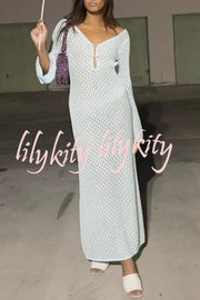 V Neck Button Down Knitted Cutout Long Sleeved Cover Up